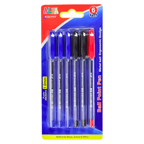 Bolígrafos Azul/Negro/Rojo Punta Mediana Set 6 Piezas