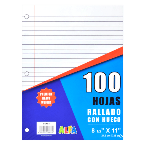 Papel Rayado/Huecos 100 Hojas Tamaño Carta